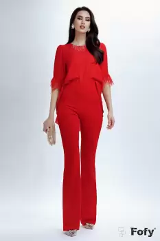Pantaloni evazati eleganti Fofy rosii cu betelie petrecuta imagine