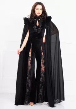 Pantaloni negri eleganti din catifea reiata cu decupaj acoperit cu tulle brodat Legendaria by Venezia imagine