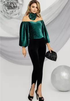 Pantaloni negri Pretty Girl din catifea cu banda elastica sub talie imagine