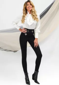 Pantaloni negri Pretty Girl tip colant cu stele aurii decorative imagine