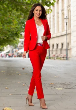 Pantaloni office dama rosii cu betelie imprimata imagine