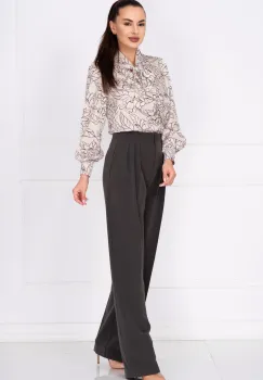 Pantaloni office gri Pretty Girl drepti cu pliuri in talie imagine