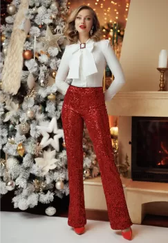 Pantaloni rosii de ocazie Fofy din catifea cu paiete imagine