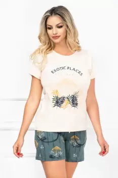 Pijama dama din bumbac din doua piese cu imprimeu tropical imagine