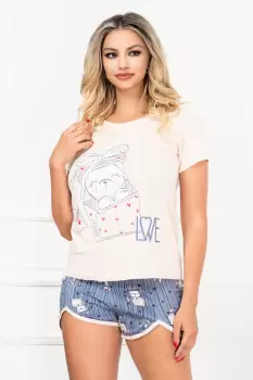 Pijama de dama trendy din doua piese cu imprimeu ursulet cu fundita imagine