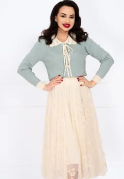 Pulover dama bleu din tricot Talia cu guler ondulat si nasturi decorativi imagine