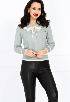 Pulover dama bleu din tricot Thea cu guler dublu si nasturi pretiosi imagine