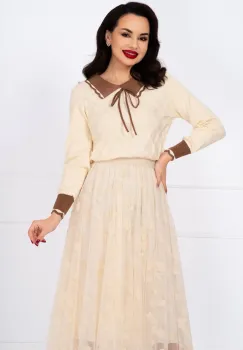 Pulover dama ecru din tricot fin June cu guler in contrast imagine