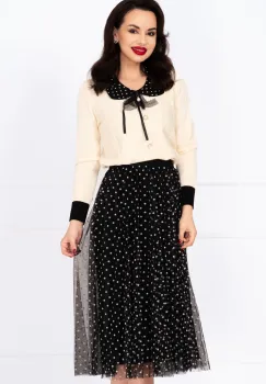 Pulover din tricot ecru Petra cu guler cu buline si brosa detasabila imagine