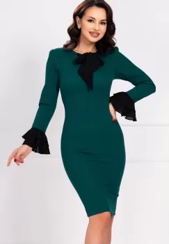 Rochie conica Mary office verde cu mansete negre si funda imagine