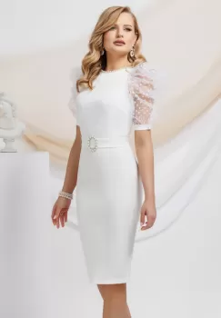 Rochie de cununie ecru Pretty Girl conica cu banda cu perle la gat imagine