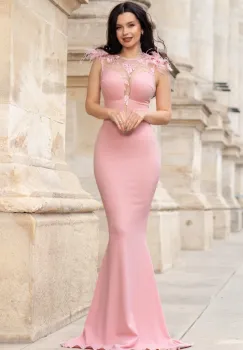 Rochie de lux Kathrin sirena rose cu flori 3D la umeri si fulgi imagine