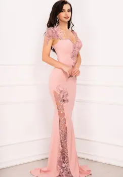 Rochie de lux sirena Esther rose cu flori brodate cu paiete si fulgi imagine