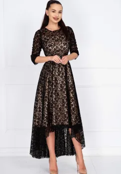 Rochie de ocazie asimetrica Francesca cu model floral din catifea si dublura bej imagine