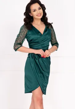 Rochie de ocazie conica verde Lillian cu fronseuri si maneci paietate imagine