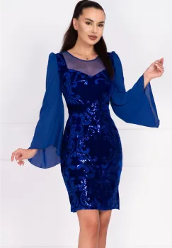 Rochie de ocazie din catifea albastra Celine cu maneci din voal si model paietat imagine