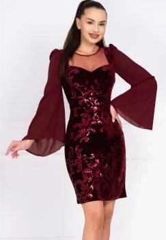 Rochie de ocazie din catifea bordo Celine cu maneci din voal si model paietat imagine