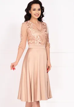 Rochie de ocazie eleganta bej Cristina cu bust brodat imagine