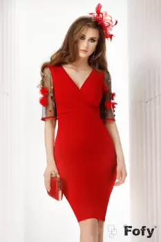 Rochie de ocazie Fofy rosie cambrata cu maneci brodate din tulle si flori 3D imagine