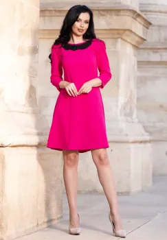 Rochie de ocazie fucsia evazata cu colier din margele negre imagine