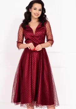 Rochie de ocazie midi bordo in clos Eufrenia din tulle cu buline imagine
