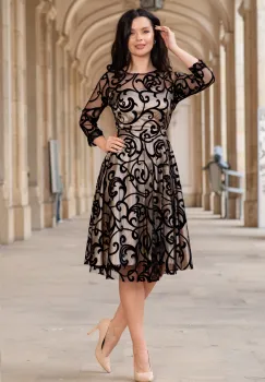 Rochie de ocazie midi Francesca cu model din catifea si dublura bej imagine
