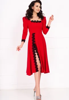 Rochie de ocazie midi rosie Jade in clos cu insertii de dantela imagine