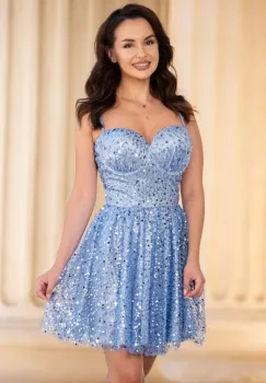 Rochie de ocazie mini bleu in clos decorata cu paiete imagine
