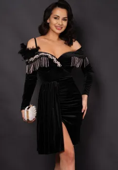 Rochie de ocazie neagra Alizee din catifea cu strassuri argintii imagine