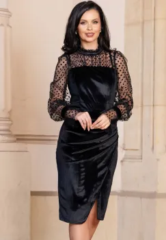 Rochie de ocazie neagra din catifea cu maneci din tulle cu buline imagine