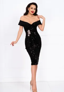 Rochie de ocazie neagra din paiete Iolanda cu accesoriu din strassuri imagine