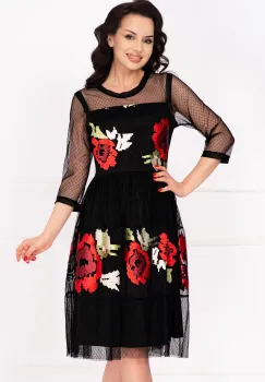 Rochie de ocazie neagra midi Andrada cu broderie florala imagine