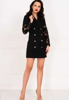 Rochie de ocazie neagra tip sacou cu maneci din tulle brodat imagine