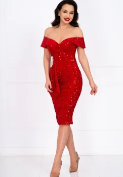 Rochie de ocazie rosie din paiete Iolanda cu accesoriu din strassuri imagine