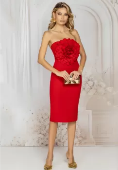 Rochie de ocazie rosie eleganta conica cu floare maxi 3D imagine