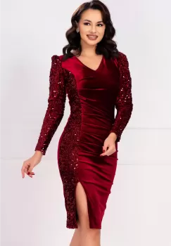 Rochie de ocazie Sammy bordo cu fronseuri si paiete pe o parte imagine