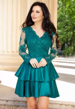 Rochie de ocazie verde baby-doll eleganta cu dantela si volane imagine