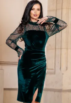 Rochie de ocazie verde din catifea cu maneci din tulle cu buline imagine
