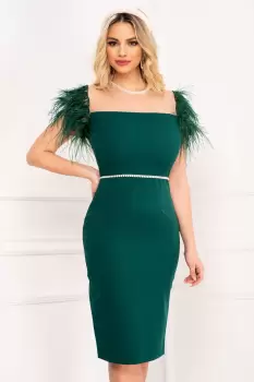 Rochie de ocazie verde Pretty Girl cu maneci din pene imagine