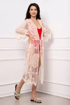 Rochie de plaja crem lunga cu broderie imagine