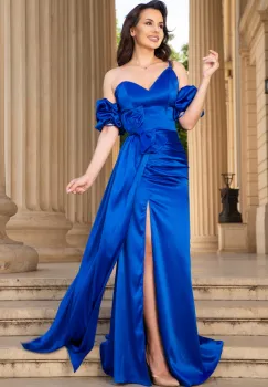 Rochie de seara albastra Ginny cu maneci gogosar si funda maxi imagine