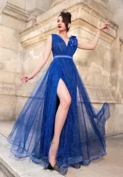Rochie de seara albastra lunga Jupiter cu glitter si flori 3D imagine