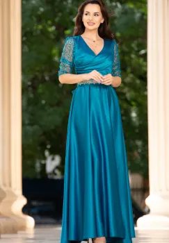 Rochie de seara aqua Giorgia lunga din tafta cu maneci paietate imagine