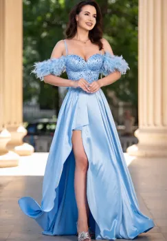 Rochie de seara bleu Valeria din tafta cu paiete si fulgi imagine