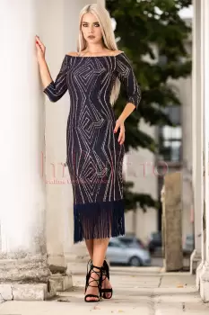 Rochie de seara bleumarin cu franjuri si umeri goi imagine