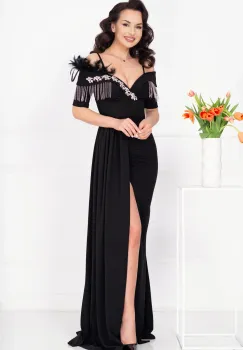 Rochie de seara eleganta Alizee neagra cu trena pe o parte si strassuri imagine