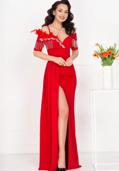 Rochie de seara eleganta Alizee rosie cu trena pe o parte si strassuri imagine