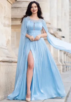Rochie de seara eleganta Anubis bleu cu maneci trena si aplicatii pretioase imagine
