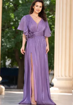 Rochie de seara eleganta Fausta lila cu maneci fluture si floare 3D imagine