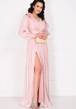 Rochie de seara eleganta Gabriella roz cu drapaje si floare 3D imagine